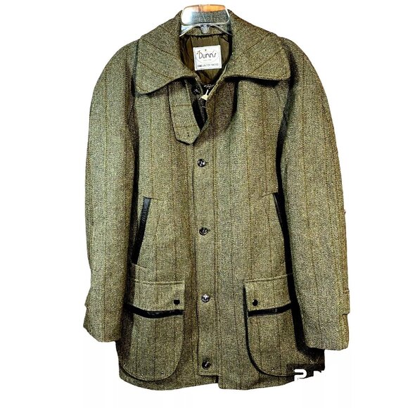 Rare VTG Christopher Dawes Wool Herringbone English Country Coat Leather Trim 38 - Picture 1 of 16